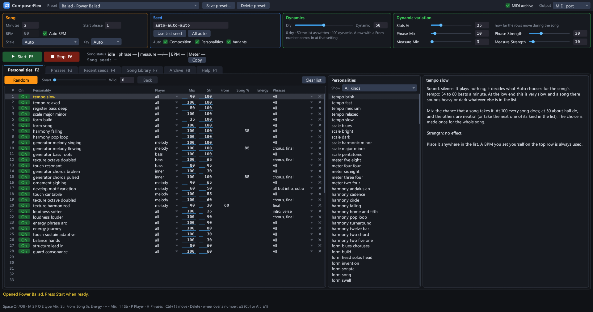 The ComposerFlex window, showing a preset's list of personalities with Start and Stop buttons