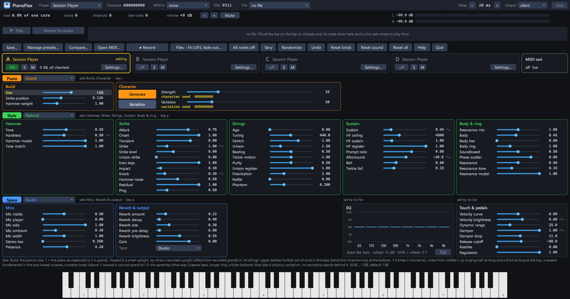 The PianoFlex window, with sections for build, character, hammer, strike, strings, sustain, body, mics and reverb